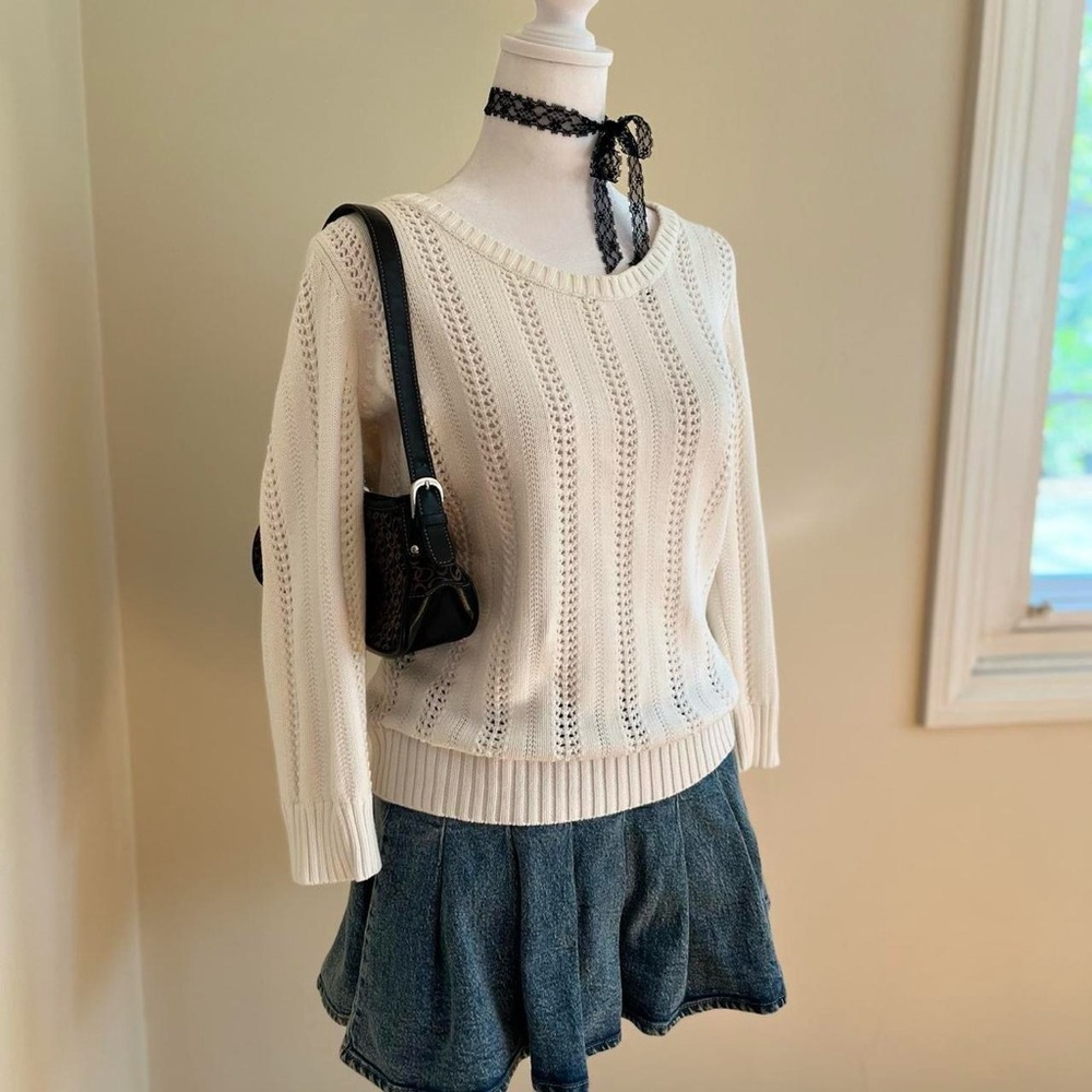Coquette White Pointelle Crochet Knit Sweater Top Girly Lolita Lace Preppy M - Picture 3 of 10
